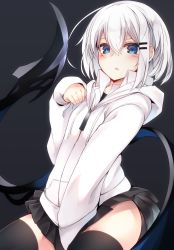 Rule 34 | 1girl, black background, black thighhighs, blue eyes, blush, covering privates, covering crotch, hair ornament, hairclip, highres, hood, hood down, hoodie, looking at viewer, open mouth, original, otokuyou, pleated skirt, ringo-chan (haegiwa), ringo-chan (otokuyou), shirt, short hair, skirt, solo, thighhighs, white hair