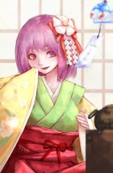 Rule 34 | 1girl, flower, hieda no akyuu, hoshibuchi, japanese clothes, kimono, purple eyes, purple hair, solo, touhou
