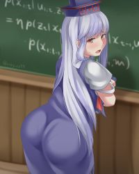 Rule 34 | 1girl, against chalkboard, ass, blue dress, blue hair, blush, brown eyes, chalkboard, dress, embarrassed, from behind, hat, highres, kamishirasawa keine, leaning, leaning forward, long hair, looking back, open mouth, pantylines, ray co99, solo, sweatdrop, touhou, very long hair