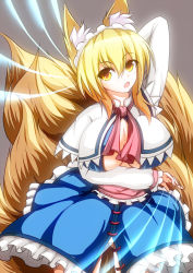 Rule 34 | 1girl, alice margatroid, alice margatroid (cosplay), animal ears, arm behind head, arm up, blue dress, breast lift, breasts, capelet, cleavage, cosplay, dress, female focus, fox ears, fox tail, hairband, large breasts, looking at viewer, merry (diameri), multiple tails, no pants, open clothes, open dress, open mouth, sash, short hair, solo, tail, touhou, yakumo ran, yellow eyes
