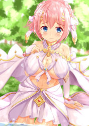 Rule 34 | 1girl, bare shoulders, blue eyes, blurry, blurry background, blush, braid, braided hair rings, breasts, bridal gauntlets, cleavage, closed mouth, commentary request, cowboy shot, day, depth of field, hair between eyes, hair rings, hand up, highres, large breasts, looking at viewer, navel, outdoors, pink hair, pleated skirt, princess connect!, skirt, solo, tears, thigh gap, wavy mouth, white skirt, xenon (for achieve), yui (ceremonial) (princess connect!), yui (princess connect!)