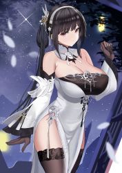 Rule 34 | 1girl, absurdres, azur lane, bare shoulders, black gloves, black thighhighs, breasts, chen hai (azur lane), chinese clothes, cleavage, closed mouth, commentary request, detached collar, detached sleeves, dress, gloves, hair ornament, hairband, hand up, highres, large breasts, long hair, looking at viewer, night, purple eyes, smile, solo, standing, taut clothes, thighhighs, tnr (horiko1525), white dress, white hairband, wide sleeves