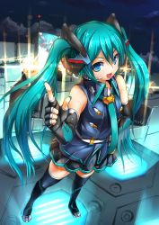 Rule 34 | 1girl, :d, aqua eyes, aqua hair, bare shoulders, black thighhighs, blue eyes, elbow gloves, fingerless gloves, gloves, hand on own head, hatsune miku, headset, headwear request, highres, long hair, magu (mugsfc), necktie, open mouth, skirt, smile, solo, standing, thighhighs, twintails, very long hair, vocaloid