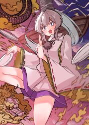 Rule 34 | 1girl, absurdres, arrow (projectile), black hat, blush, boat, breasts, bright pupils, cloud, commentary request, dragon, full body, gradient sky, grey eyes, grey hair, hat, highres, japanese clothes, jumping, kariginu, kuji-in, long hair, long sleeves, looking at viewer, medium breasts, mononobe no futo, open mouth, pink sky, plate, pom pom (clothes), ponytail, purple skirt, purple sky, ribbon-trimmed sleeves, ribbon trim, skirt, sky, smile, solo, takana (forsterite), tate eboshi, touhou, v-shaped eyebrows, watercraft, white pupils, wide sleeves