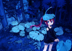 Rule 34 | 1girl, black shirt, blue eyes, closed mouth, clothing cutout, forest, grass, grey shorts, highres, holding, holding leaf, leaf, leaf on head, long hair, long sleeves, looking at viewer, nature, night, original, outdoors, ponytail, red hair, shirt, short shorts, shorts, shoulder cutout, snowgun, solo, tree
