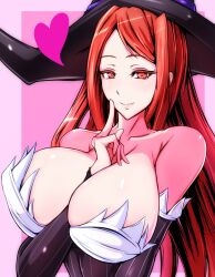 Rule 34 | 1girl, bare shoulders, breasts, brown eyes, brown hair, cleavage, detached sleeves, gel (guyver123), hand on own chest, hat, heart, highres, huge breasts, large breasts, long hair, orange eyes, orange hair, pink background, shiny skin, smile, solo, sorceress (dragon&#039;s crown), witch, witch hat