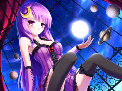 Rule 34 | 1girl, bare shoulders, black thighhighs, breasts, crescent, crescent hair ornament, dress, energy ball, frown, garter straps, hair ornament, hair ribbon, long hair, medium breasts, night, no headwear, no headwear, patchouli knowledge, purple eyes, purple hair, ribbon, sky, solo, star (sky), starry sky, thighhighs, tokugawa landine, touhou, window