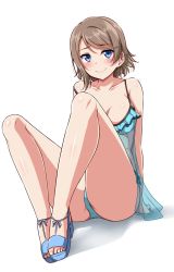 Rule 34 | 10s, 1girl, blue eyes, blue panties, blush, breasts, brown hair, camisole, cleavage, full body, hair ornament, hairclip, highres, large breasts, looking at viewer, love live!, love live! sunshine!!, panties, pantyshot, sandals, see-through, short hair, sitting, smile, solo, spaghetti strap, underwear, watanabe you, yopparai oni