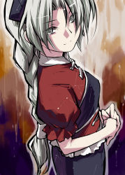 Rule 34 | 1girl, braid, cowboy shot, eretto, female focus, from side, long hair, looking at viewer, looking back, looking to the side, puffy short sleeves, puffy sleeves, short sleeves, silver hair, single braid, solo, standing, touhou, very long hair, yagokoro eirin
