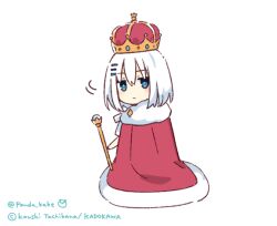 Rule 34 | 1girl, arched crown, blue eyes, cape, chibi, date a live, emperor&#039;s new clothes, fur-trimmed cape, fur trim, hair ornament, hairclip, red cape, scepter, short hair, solo, tobiichi origami, tsunako, white hair