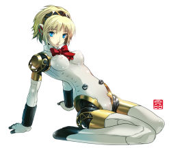 Rule 34 | 1girl, aegis (persona), android, atlus, blonde hair, blue eyes, bow, cameltoe, covered erect nipples, joints, nipples, persona, persona 3, ribbon, robot joints, simple background, solo, sonobe kazuaki, suggestive fluid