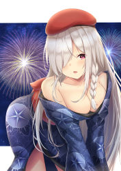 Rule 34 | 1girl, absurdres, aratake, bare shoulders, beret, blue kimono, blush, braid, breasts, cleavage, collarbone, commentary, feet out of frame, fireworks, g36c (girls&#039; frontline), g36c (ode to summer) (girls&#039; frontline), girls&#039; frontline, hair over one eye, hat, highres, japanese clothes, kimono, leaning forward, long hair, looking at viewer, medium breasts, official alternate costume, open mouth, parted lips, purple eyes, simple background, single braid, solo, standing, white hair, yukata
