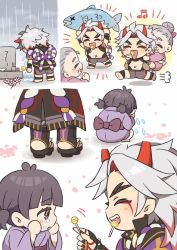 Rule 34 | 1boy, 2girls, puff of air, arataki itto, barefoot, bodypaint, candy, carrying, chibi, closed eyes, crying, facepaint, fangs, fish, food, genshin impact, grey hair, hair bun, holding, horns, japanese clothes, kimono, lollipop, multiple girls, multiple views, musical note, piggyback, red eyes, rock, single hair bun, sitting, spikes, sumipic, sweat, tears, tombstone, torii