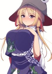 Rule 34 | 1girl, animal print, blonde hair, blush, breasts, brown hat, commentary request, cowboy shot, darumoon, frog print, furrowed brow, hair ribbon, hands on own chest, hat, highres, large breasts, long hair, long sleeves, moriya suwako, open mouth, purple skirt, purple vest, pyonta, red ribbon, ribbon, simple background, skirt, solo, thighhighs, touhou, tress ribbon, vest, white background, white hair, white thighhighs, wide sleeves, yellow eyes