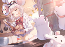 Rule 34 | 1girl, animal, animal ears, book, bow, bowl, bowtie, brooch, chef hat, chocolate, commentary request, granblue fantasy, hair ornament, hairclip, hat, heart, heart brooch, highres, holding, holding bowl, jewelry, kitchen, medium hair, midriff, mouse (animal), mouse ears, navel, open mouth, red eyes, shirt, silver hair, spatula, ukiwakisen, valentine, vikala (granblue fantasy), white shirt