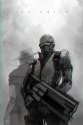 Rule 34 | 2boys, assault rifle, bad id, bad pixiv id, broken eyewear, cape, cassidy (overwatch), cigar, copyright name, covered mouth, cowboy hat, energy gun, from behind, gloves, gradient background, gun, hat, jacket, long sleeves, male focus, mask, mechanical arms, monochrome, mouth hold, mouth mask, multiple boys, overwatch, overwatch 1, pants, reroi, rifle, scar, short hair, single mechanical arm, smoke, soldier: 76 (overwatch), solo focus, visor, weapon