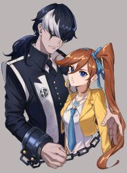 Rule 34 | 1boy, 1girl, ace attorney, athena cykes, black hair, black jacket, black necktie, black vest, blue eyes, blue necktie, chain, closed mouth, collared shirt, crescent, crescent earrings, cropped jacket, cropped torso, cross shark, cuffs, earrings, grey background, hair between eyes, hair ribbon, highres, jacket, jewelry, long hair, long sleeves, looking at another, looking at viewer, low ponytail, multicolored hair, necklace, necktie, open clothes, open jacket, open mouth, orange hair, ribbon, shackles, shirt, side ponytail, simon blackquill, simple background, single earring, two-tone hair, upper body, vest, white hair, white shirt, yellow jacket