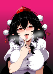 Rule 34 | 1girl, absurdres, black hair, blush, commentary request, gradient background, half-closed eyes, hat, highres, looking at viewer, pointy ears, pom pom (clothes), red background, red eyes, shameimaru aya, short hair, short sleeves, solo, ssaf52913778, sweat, tokin hat, tongue, tongue out, touhou, upper body