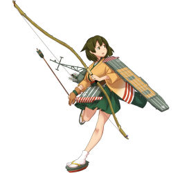 Rule 34 | 10s, 1girl, arrow (projectile), bow (weapon), breasts, brown hair, flight deck, full body, gloves, green hakama, hakama, hakama short skirt, hakama skirt, highres, hiryuu (kancolle), iwana, japanese clothes, kantai collection, kimono, long sleeves, one side up, open mouth, partially fingerless gloves, partly fingerless gloves, quiver, sandals, short hair, side ponytail, single glove, skirt, solo, weapon, wide sleeves, yellow kimono, yugake