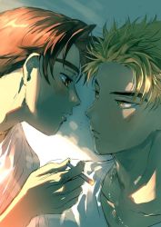 Rule 34 | 2boys, adam&#039;s apple, bikkusama, blonde hair, blush, brown eyes, brown hair, chain, cigarette, collarbone, couple, eye contact, eyebrows, face, forehead, fujiwara takumi, gold chain, hair up, initial d, jewelry, lips, looking at another, male focus, multiple boys, necklace, open mouth, pale skin, parted bangs, parted lips, profile, shirt, short hair, smoke, smoking, spiked hair, sunlight, t-shirt, takahashi keisuke, teeth, white shirt, yaoi, yellow eyes