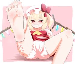 Rule 34 | 1girl, absurdres, akabashi yuusuke, ascot, barefoot, blonde hair, bloomers, blush, border, breasts, commentary request, commission, crystal, fangs, feet, fingernails, flandre scarlet, foot focus, foot out of frame, grin, hat, highres, looking at viewer, mob cap, nail polish, open mouth, pink background, pink nails, puffy short sleeves, puffy sleeves, reclining, red eyes, red shirt, red skirt, shadow, shirt, short sleeves, side ponytail, sitting, skeb commission, skirt, small breasts, smile, soles, solo, steam, toes, touhou, underwear, white bloomers, white border, white hat, white shirt, wings, yellow ascot