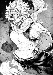 Rule 34 | 1boy, abs, absurdres, battle, belt, blood, blood on body, blood on face, clenched hands, cuts, fairy tail, fangs, fighting stance, greyscale, highres, injury, large pectorals, monochrome, muscular, muscular male, natsu dragneel, navel, pants, pectorals, scarf, short hair, solo, spiked hair, standing, yotsumi shiro