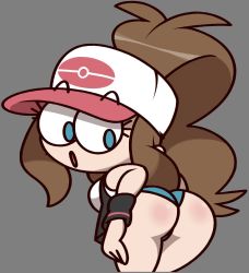 Rule 34 | 1girl, ass, baseball cap, bent over, black vest, blue eyes, blue panties, breasts, brown hair, creatures (company), from behind, game freak, grey background, hat, hilda (pokemon), large breasts, long hair, looking back, nintendo, open mouth, panties, poke ball symbol, pokemon, pokemon bw, ponytail, shirt, short sleeves, standing, underwear, vest, vilepluff, white headwear, white shirt, wristband