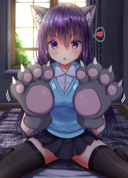 Rule 34 | 1girl, animal ears, animal hands, black thighhighs, blue vest, breasts, gloves, heart, highres, indoors, large breasts, long hair, miniskirt, mokufuu, on bed, original, paw gloves, pleated skirt, purple eyes, purple hair, purple skirt, shirt, short sleeves, sitting, skirt, solo, speech bubble, spoken heart, thighhighs, vest, wariza, white shirt