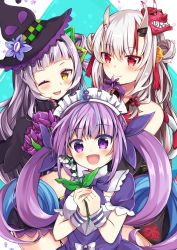 Rule 34 | 3girls, blush, commentary request, drill hair, hair ornament, hair ribbon, hat, hololive, horns, long hair, looking at viewer, maid headdress, maki soutoki, minato aqua, minato aqua (1st costume), multiple girls, murasaki shion, murasaki shion (1st costume), nakiri ayame, nakiri ayame (1st costume), one eye closed, open mouth, plant, purple eyes, red eyes, ribbon, skin-covered horns, smile, twin drills, virtual youtuber, witch hat, yellow eyes