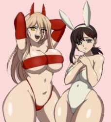 Rule 34 | 2girls, arms behind head, black eyes, blonde hair, breasts, brown hair, cameltoe, chainsaw man, cleavage, cleft of venus, collarbone, covered navel, curvy, darwaarts, demon girl, demon horns, devil girl, demon horns, earrings, elbow gloves, gloves, hair ornament, hairclip, higashiyama kobeni, highres, horns, jewelry, large breasts, leotard, long hair, mole, mole under eye, mole under mouth, multiple girls, navel, open mouth, pink background, power (chainsaw man), red gloves, sharp teeth, short hair, simple background, smile, stomach, strapless, teeth, thick thighs, thighs, thong, tube top, white leotard, wide hips, yellow eyes
