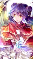 Rule 34 | 1girl, dragon wings, dress, fire emblem, fire emblem: the sacred stones, hand on own chest, kutsuki kai, multi-tied hair, myrrh (fire emblem), nintendo, open mouth, purple hair, red eyes, simple background, solo, stone, twintails, white background, wings, wristband
