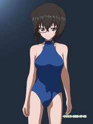 Rule 34 | 1girl, black hair, blue one-piece swimsuit, blush, breasts, brown eyes, closed mouth, girls und panzer, highres, kawashima momo, large breasts, monocle, naotosi, one-piece swimsuit, short hair, simple background, solo, swimsuit