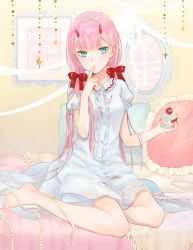 Rule 34 | 10s, 1girl, barefoot, bedroom, blue eyes, bomhat, bow, cake, character name, darling in the franxx, dress, finger to mouth, food, hair bow, highres, holding, holding food, horns, indoors, long hair, looking at viewer, pink hair, red bow, short sleeves, sitting, solo, twintails, very long hair, white dress, zero two (darling in the franxx)