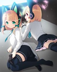 Rule 34 | 2girls, animal ear headphones, animal ears, black skirt, black thighhighs, blonde hair, blue archive, blush, bow, closed mouth, controller, fake animal ears, game controller, green bow, green eyes, green halo, hair bow, halo, headphones, highres, holding, holding controller, holding game controller, koflif, long sleeves, looking at viewer, midori (blue archive), momoi (blue archive), multiple girls, open mouth, pink halo, pleated skirt, red bow, red eyes, shirt, short hair, siblings, sisters, skirt, smile, thighhighs, white shirt