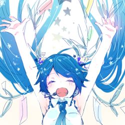 Rule 34 | 1girl, ^ ^, armpits, arms up, blouse, blue hair, cheering, closed eyes, collared shirt, happy, hatsune miku, kuronyanko, open mouth, outstretched arms, shirt, simple background, sleeveless, sleeveless shirt, star (symbol), teeth, twintails, vocaloid, white background, white shirt