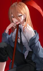 Rule 34 | 1girl, black necktie, black pants, blonde hair, blood, blood on clothes, blood on tongue, blue jacket, chainsaw man, hair between eyes, highres, horns, jacket, long hair, looking at viewer, necktie, open mouth, pants, power (chainsaw man), red background, red horns, scythe, sharp teeth, shirt, shuvi (shuvi1125), simple background, smile, solo, teeth, white shirt, yellow eyes