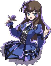 Rule 34 | 1girl, :d, \m/, blue dress, blue eyes, brown hair, collared dress, cowboy shot, cropped legs, dress, hand up, holding, holding microphone, juliet sleeves, kurosu aroma, long hair, long sleeves, looking at viewer, microphone, open mouth, pretty series, pripara, puffy sleeves, ritsu (roboroboro), simple background, smile, solo, standing, white background
