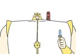 Rule 34 | 2girls, anatomical nonsense, animal ears, bad anatomy, blonde hair, blue eyes, brown hair, cat ears, cat girl, cat tail, catra, headwear request, highres, holding, holding sword, holding weapon, multiple girls, parody, she-ra, she-ra and the princesses of power, style parody, sword, tail, takamizo, weapon, white background, yellow headwear