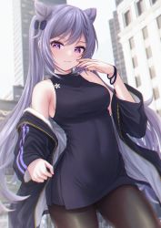 Rule 34 | 1girl, bae.c, bare shoulders, black dress, black jacket, black pantyhose, blurry, blurry background, breasts, building, closed mouth, commentary request, cone hair bun, covered navel, day, depth of field, dress, genshin impact, gluteal fold, hair bun, hand up, highres, jacket, keqing (genshin impact), long hair, looking at viewer, medium breasts, nail polish, off shoulder, open clothes, open jacket, outdoors, pantyhose, purple eyes, purple hair, purple nails, short dress, skyscraper, sleeveless, sleeveless dress, smile, solo, very long hair