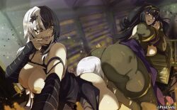 1boy 2girls ass bent_over black_bridal_gauntlets black_eyes black_hair blunt_bangs bodystocking book book_stack breasts breasts_out bridal_gauntlets chest_belt choker crossover face_in_ass finger_to_mouth fire_emblem fire_emblem_awakening hetero highres hololive hololive_english lace lace_choker large_breasts long_hair looking_back multicolored_hair multiple_girls nintendo nipples open_mouth orphen_(pink_seito) shiori_novella short_hair split-color_hair striped_arm_warmers tharja_(fire_emblem) tiara two-tone_hair two_side_up virtual_youtuber white_hair yellow_eyes