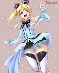 Rule 34 | 10s, 1girl, ayase eli, bare shoulders, blonde hair, blue eyes, bow, hair ornament, highres, kira-kira sensation!, looking at viewer, love live!, love live! school idol project, open mouth, ponytail, skirt, smile, solo, thighhighs, translation request, yu-ta, zettai ryouiki