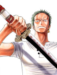 Rule 34 | 1boy, earrings, frown, green hair, highres, jewelry, looking at viewer, male focus, oda eiichirou, official art, one piece, roronoa zoro, sandai kitetsu, shirt, simple background, solo, sword, weapon, white background, white shirt