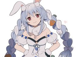 Rule 34 | 1girl, animal ears, braid, carrot, carrot hair ornament, don-chan (usada pekora), food-themed hair ornament, fur-trimmed gloves, fur scarf, fur trim, gloves, hair ornament, hands on own hips, highres, hololive, long hair, rabbit-shaped pupils, rabbit ears, short eyebrows, simple background, smile, symbol-shaped pupils, thick eyebrows, toukashi (2tou9), twin braids, usada pekora, usada pekora (1st costume), virtual youtuber, white background