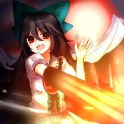 Rule 34 | 1girl, arm cannon, black hair, black wings, bow, feathered wings, gradient background, hair bow, long hair, mayo (mayomr29), open mouth, red eyes, reiuji utsuho, solo, third eye, touhou, weapon, wings