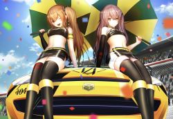 Rule 34 | 2girls, absurdres, black gloves, black tank top, black thighhighs, breasts, brown eyes, brown hair, car, closed mouth, elbow gloves, fingerless gloves, from below, girls&#039; frontline, gloves, guchagucha, highres, holding, holding umbrella, long hair, looking at viewer, medium breasts, motor vehicle, multiple girls, navel, one eye closed, open mouth, race queen, race vehicle, red eyes, scar, scar across eye, scar on face, single glove, sitting, small breasts, smile, tank top, thighhighs, twintails, umbrella, ump45 (girls&#039; frontline), ump9 (girls&#039; frontline)