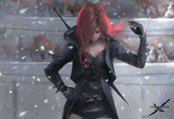 Rule 34 | 1girl, black gloves, black jacket, character request, commentary, earrings, ghostblade, gloves, hand up, jacket, jewelry, long hair, looking down, red hair, solo, wlop