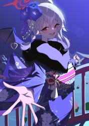 Rule 34 | 1girl, absurdres, black wings, blue archive, demon wings, flower, grey hair, hair flower, hair ornament, halo, haruna (blue archive), haruna (new year) (blue archive), highres, its2h35, japanese clothes, kimono, official alternate costume, official alternate hairstyle, red eyes, solo, wings