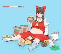 Rule 34 | 1girl, :t, alternate eye color, bad id, bad twitter id, belly, black eyes, blue background, bow, breasts, brown hair, burger, closed mouth, commentary, cookie (touhou), cup, detached sleeves, disposable cup, eating, english commentary, fast food, fat, food, food on face, french fries, full body, hair bow, hair tubes, hakurei reimu, holding, holding food, large breasts, looking at viewer, navel, necktie, ohasi, red bow, red shirt, red skirt, reu (cookie), shirt, short hair with long locks, sidelocks, sitting, skirt, sleeveless, sleeveless shirt, socks, solo, tabi, takeout container, touhou, wavy mouth, white sleeves, white socks, yellow necktie