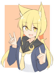 Rule 34 | 1girl, :d, animal ear fluff, animal ears, black sailor collar, blonde hair, blue jacket, blush, brown background, collarbone, crescent, crescent pin, cropped torso, double fox shadow puppet, fox ears, fox shadow puppet, hair between eyes, highres, jacket, kantai collection, kemonomimi mode, long hair, long sleeves, looking at viewer, low twintails, open clothes, open jacket, open mouth, sailor collar, sakikumo (sakumo), satsuki (kancolle), satsuki kai ni (kancolle), shirt, sidelocks, smile, solo, twintails, two-tone background, upper body, very long hair, white background, white shirt, yellow eyes