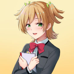 Rule 34 | 1girl, :d, akatsuki rabbit, blonde hair, blush, book, hugging book, bookmark, bow, bowtie, breast pocket, collared shirt, commentary request, daiba nana, gradient background, green eyes, green ribbon, grey jacket, hair ribbon, hands up, highres, holding, holding book, jacket, long hair, looking at viewer, hugging object, open clothes, open jacket, open mouth, pocket, red bow, red bowtie, ribbon, school uniform, seishou music academy uniform, shirt, short hair, short twintails, shoujo kageki revue starlight, smile, solo, teeth, twintails, upper body, upper teeth only, white shirt, yellow background